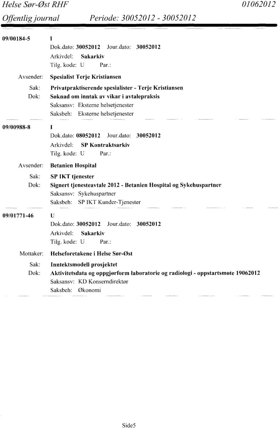 dato: 30052012 Arkivdel: SP Kontraktsarkiv Betanien Hospital Sak: SP IKT tjenester Dok: Signert tjenesteavtale 2012 - Betanien Hospital og Sykehuspartner Sykehuspartner