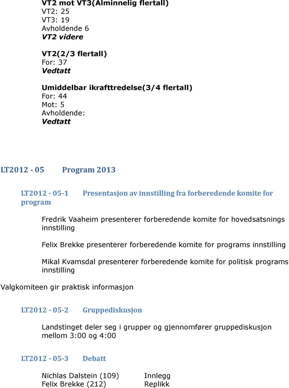 innstilling Felix Brekke presenterer forberedende komite for programs innstilling Mikal Kvamsdal presenterer forberedende komite for politisk programs innstilling Valgkomiteen gir