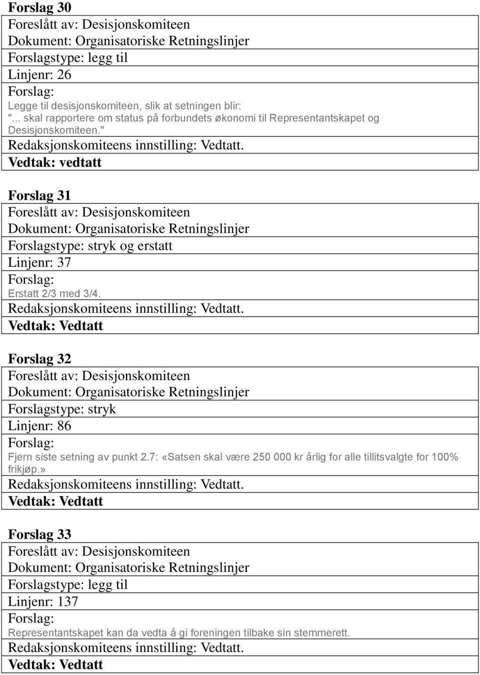 Vedtak: vedtatt Forslag 31 Foreslått av: Desisjonskomiteen Dokument: Organisatoriske Retningslinjer Forslagstype: stryk og erstatt Linjenr: 37 Erstatt 2/3 med 3/4.