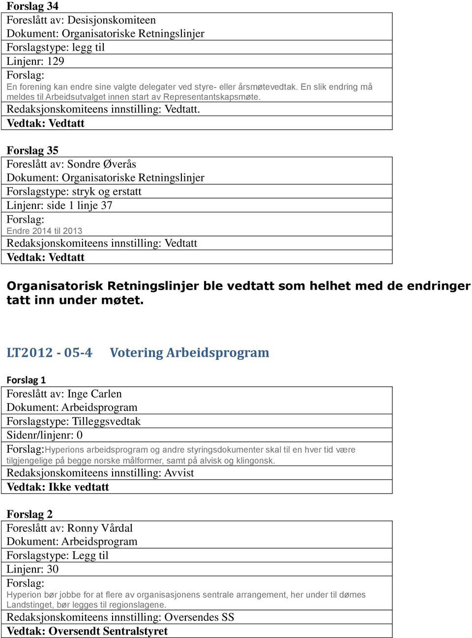 Vedtak: Vedtatt Forslag 35 Foreslått av: Sondre Øverås Dokument: Organisatoriske Retningslinjer Forslagstype: stryk og erstatt Linjenr: side 1 linje 37 Endre 2014 til 2013 Redaksjonskomiteens