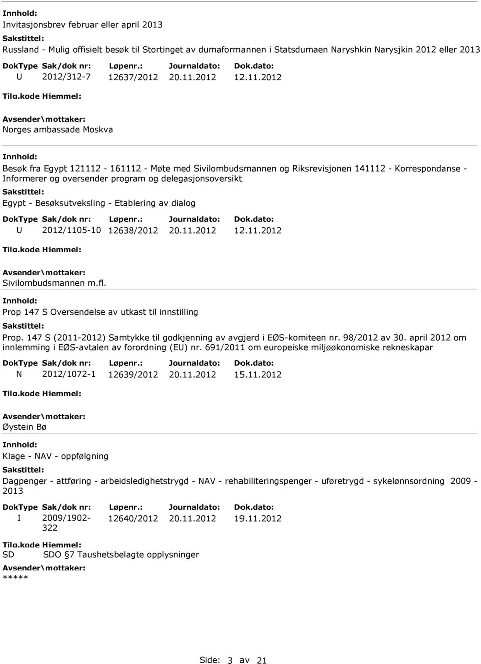 Besøksutveksling - Etablering av dialog 2012/1105-10 12638/2012 12.11.2012 Sivilombudsmannen m.fl. Prop 147 S Oversendelse av utkast til innstilling Prop.