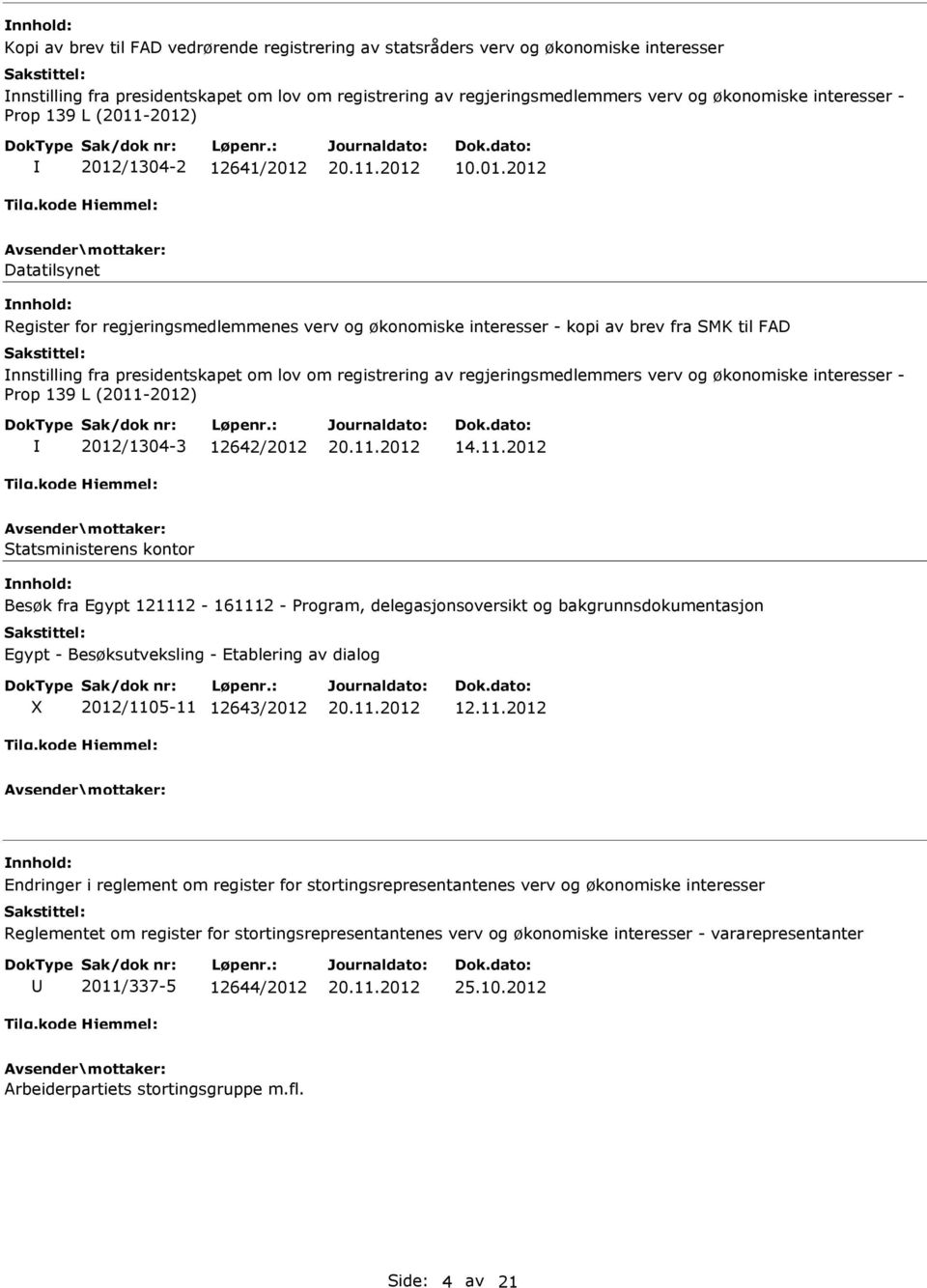 -2012) 2012/1304-2 12641/2012 10.01.2012 Datatilsynet Register for regjeringsmedlemmenes verv og økonomiske interesser - kopi av brev fra SMK til FAD nnstilling fra presidentskapet om lov om