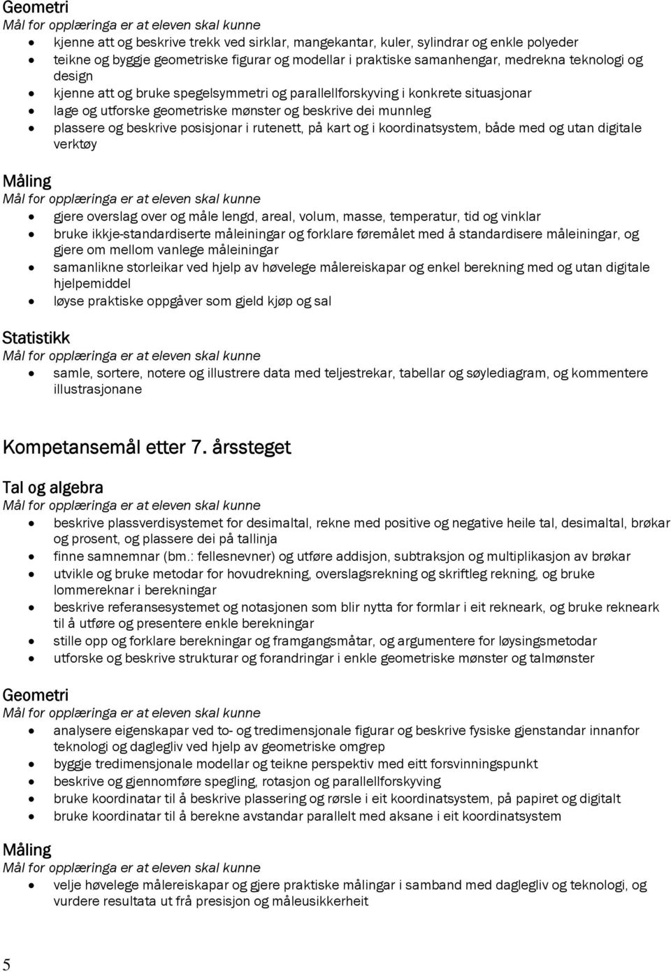 koordinatsystem, både med og utan digitale verktøy Måling gjere overslag over og måle lengd, areal, volum, masse, temperatur, tid og vinklar bruke ikkje-standardiserte måleiningar og forklare