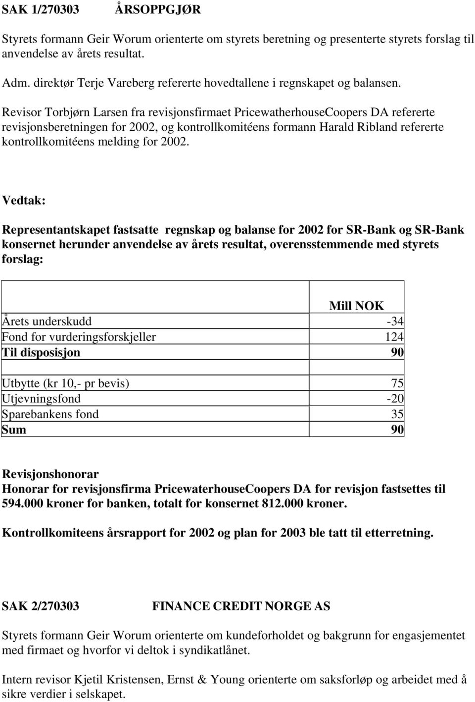 Revisor Torbjørn Larsen fra revisjonsfirmaet PricewatherhouseCoopers DA refererte revisjonsberetningen for 2002, og kontrollkomitéens formann Harald Ribland refererte kontrollkomitéens melding for