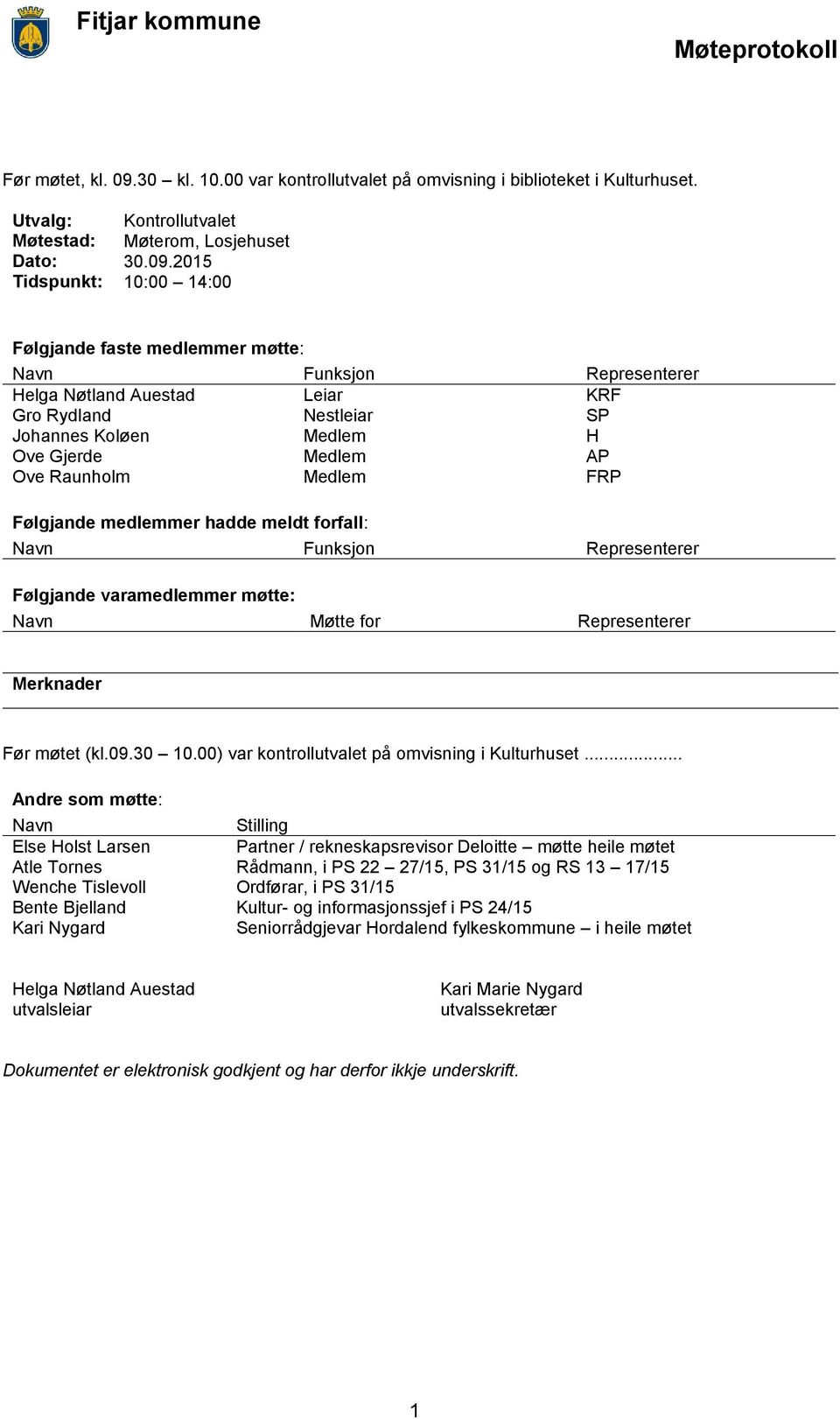 2015 Tidspunkt: 10:00 14:00 Følgjande faste medlemmer møtte: Navn Funksjon Representerer Helga Nøtland Auestad Leiar KRF Gro Rydland Nestleiar SP Johannes Koløen Medlem H Ove Gjerde Medlem AP Ove