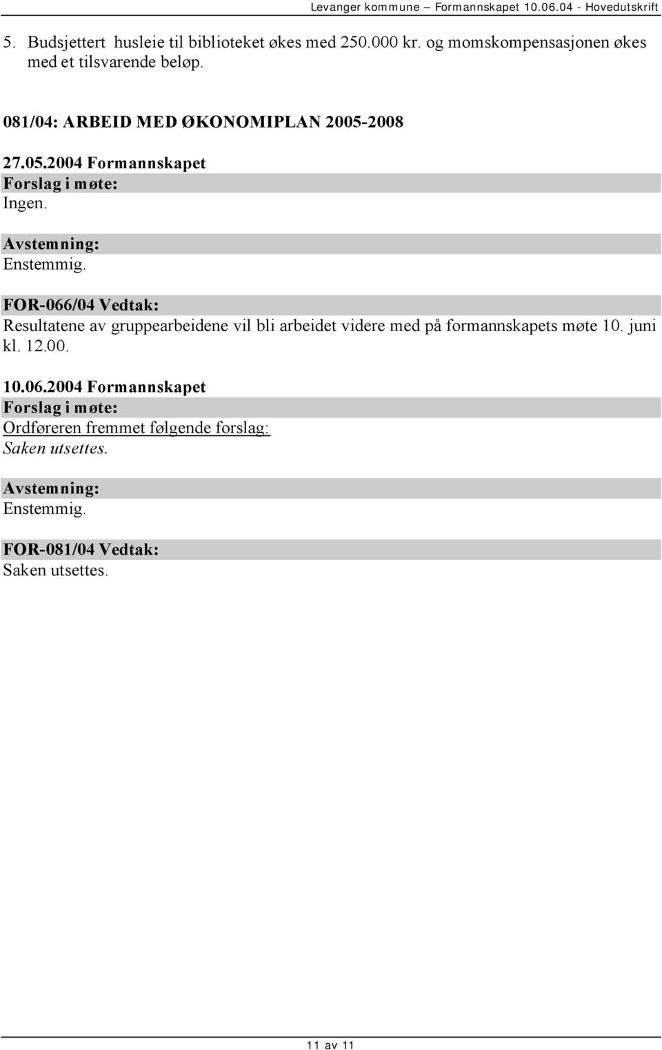 05.2004 Formannskapet FOR-066/04 Vedtak: Resultatene av gruppearbeidene vil bli arbeidet videre