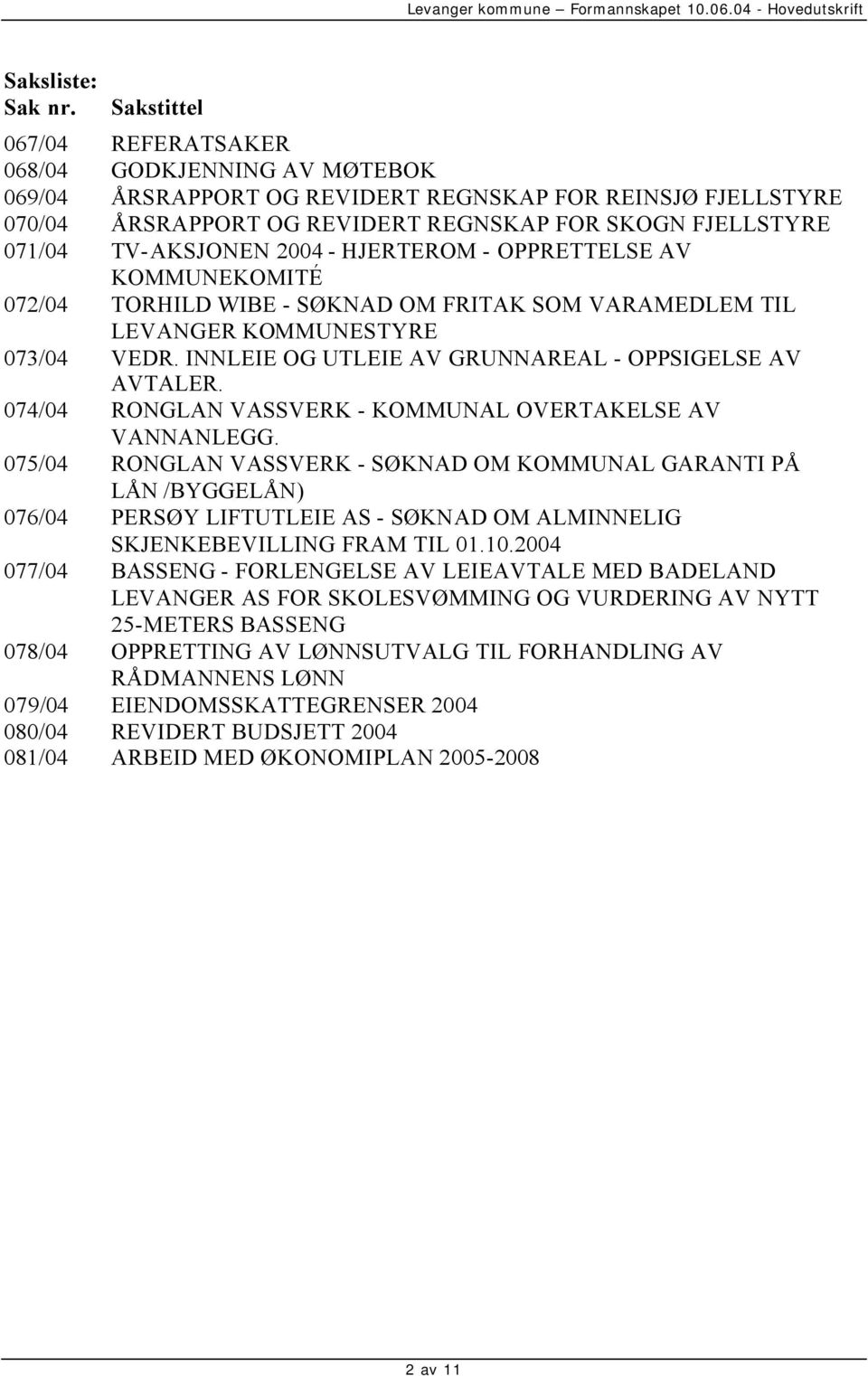 TV-AKSJONEN 2004 - HJERTEROM - OPPRETTELSE AV KOMMUNEKOMITÉ 072/04 TORHILD WIBE - SØKNAD OM FRITAK SOM VARAMEDLEM TIL LEVANGER KOMMUNESTYRE 073/04 VEDR.