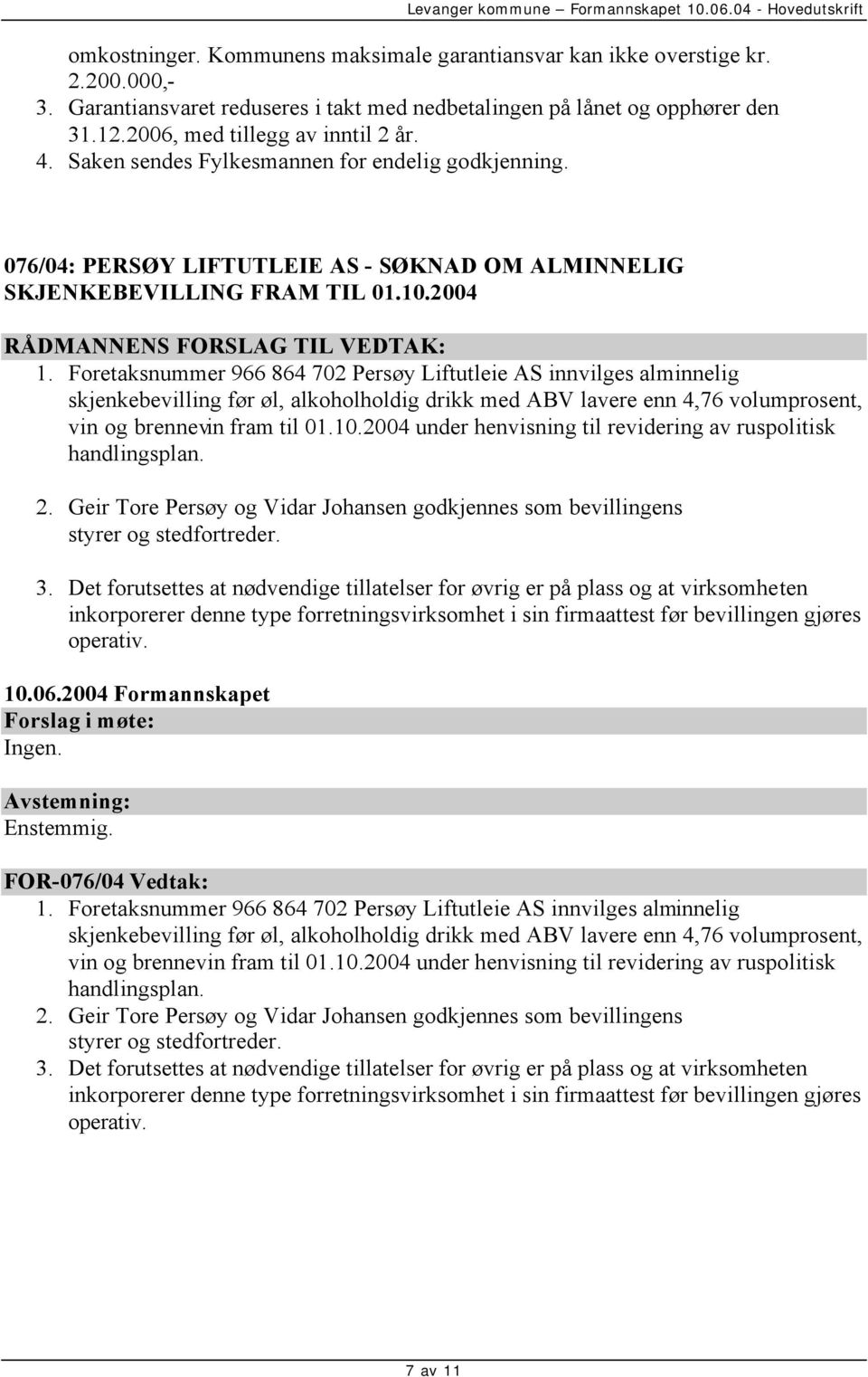 2004 RÅDMANNENS FORSLAG TIL VEDTAK: 1.