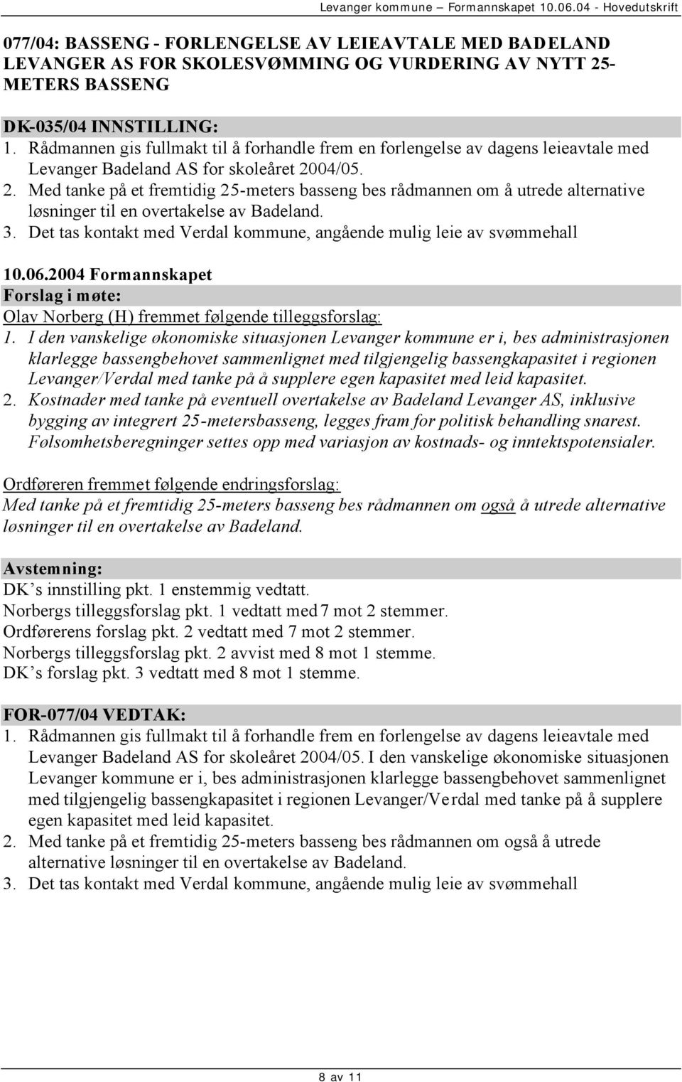 04/05. 2. Med tanke på et fremtidig 25-meters basseng bes rådmannen om å utrede alternative løsninger til en overtakelse av Badeland. 3.