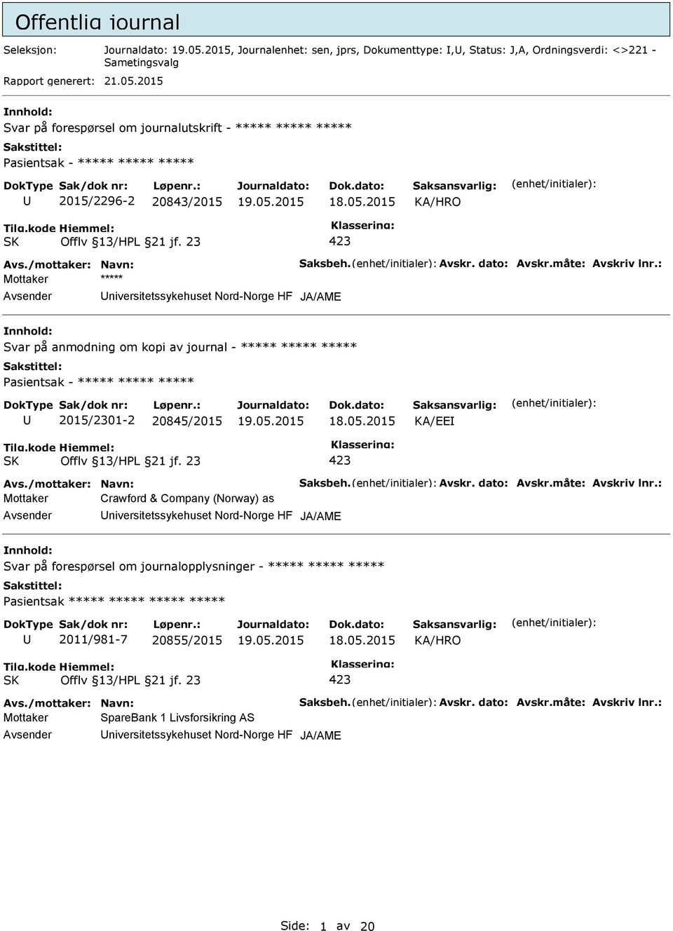 : Mottaker ***** niversitetssykehuset Nord-Norge HF Svar på anmodning om kopi av journal - ***** ***** ***** asientsak - ***** ***** ***** 2015/2301-2 20845/2015 KA/EE Avs./mottaker: Navn: Saksbeh.