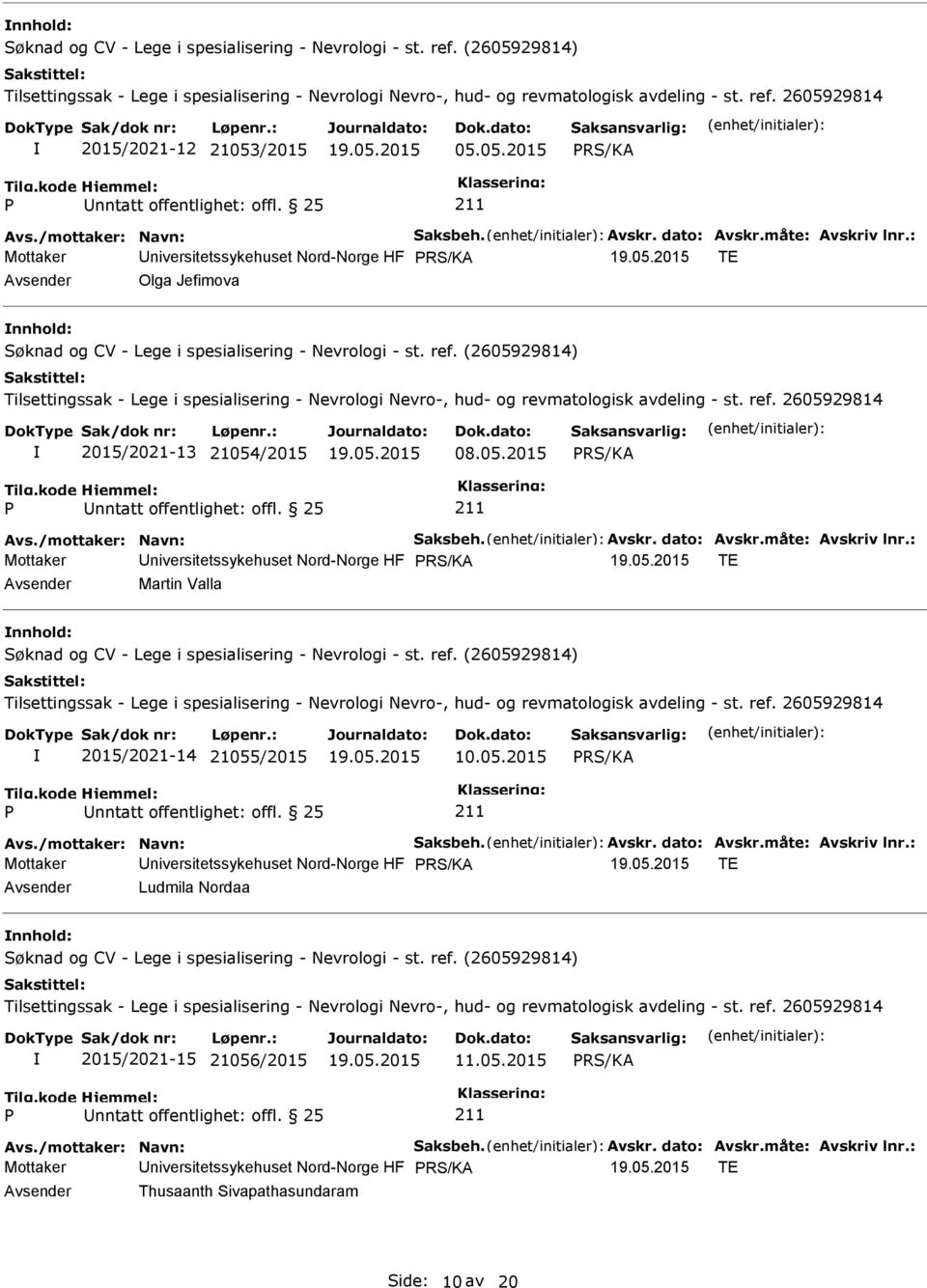 : Mottaker niversitetssykehuset Nord-Norge HF TE Martin Valla 2015/2021-14 21055/2015 10.05.2015 nntatt offentlighet: offl. 25 Avs./mottaker: Navn: Saksbeh. Avskr. dato: Avskr.måte: Avskriv lnr.