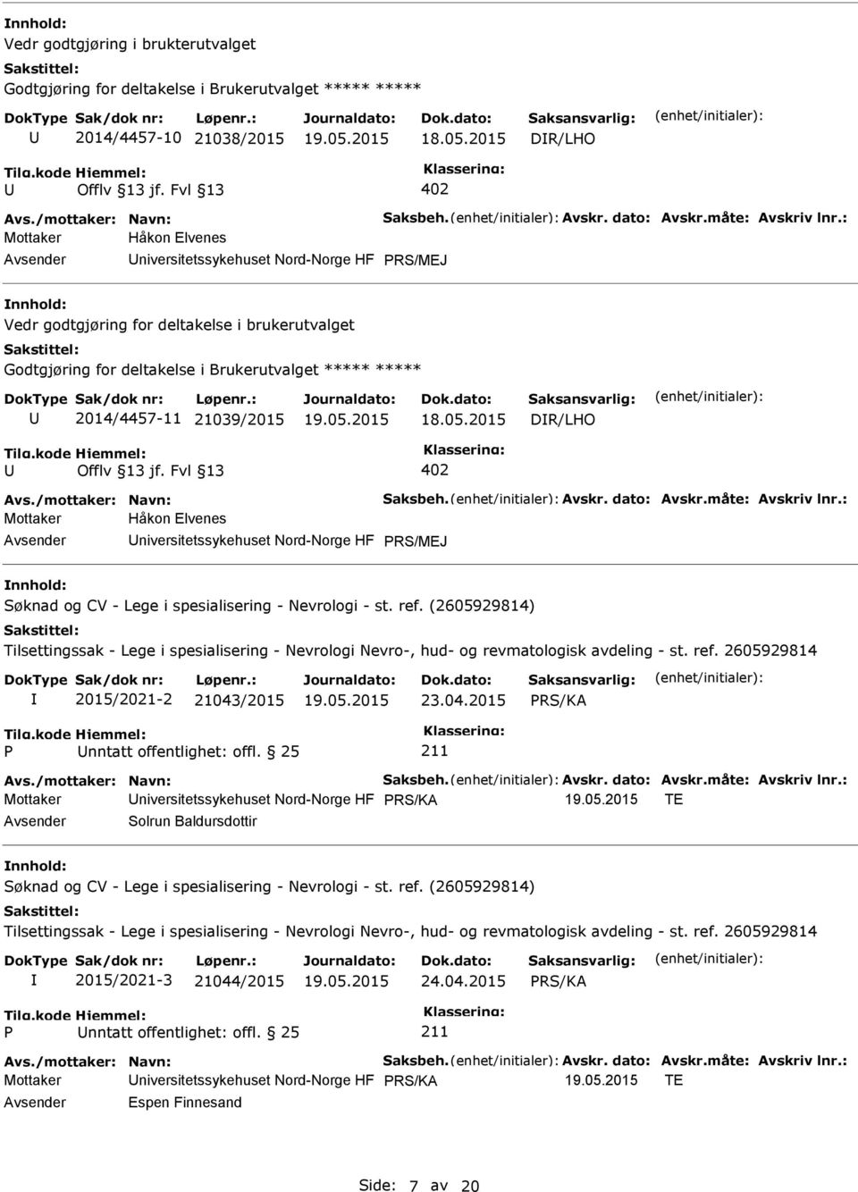 : Mottaker Håkon Elvenes niversitetssykehuset Nord-Norge HF RS/MEJ Vedr godtgjøring for deltakelse i brukerutvalget Godtgjøring for deltakelse i Brukerutvalget ***** ***** 2014/4457-11 21039/2015