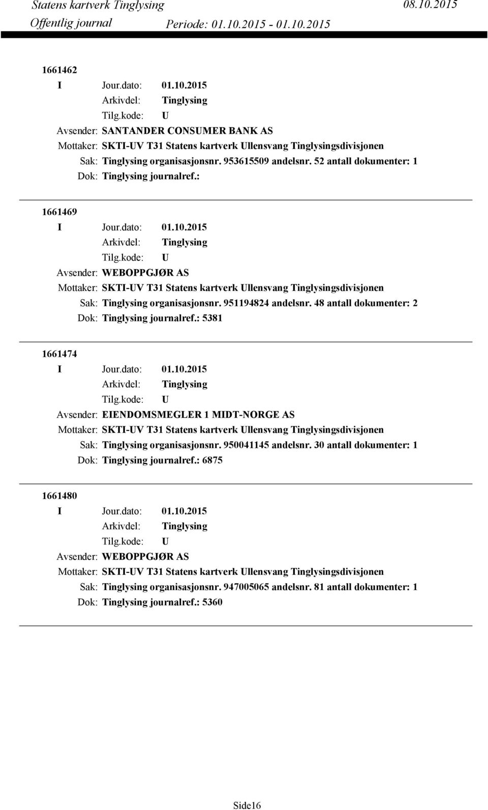 48 antall dokumenter: 2 Dok: journalref.: 5381 1661474 Avsender: EIENDOMSMEGLER 1 MIDT-NORGE AS Mottaker: SKTI-V T31 Statens kartverk llensvang sdivisjonen organisasjonsnr.