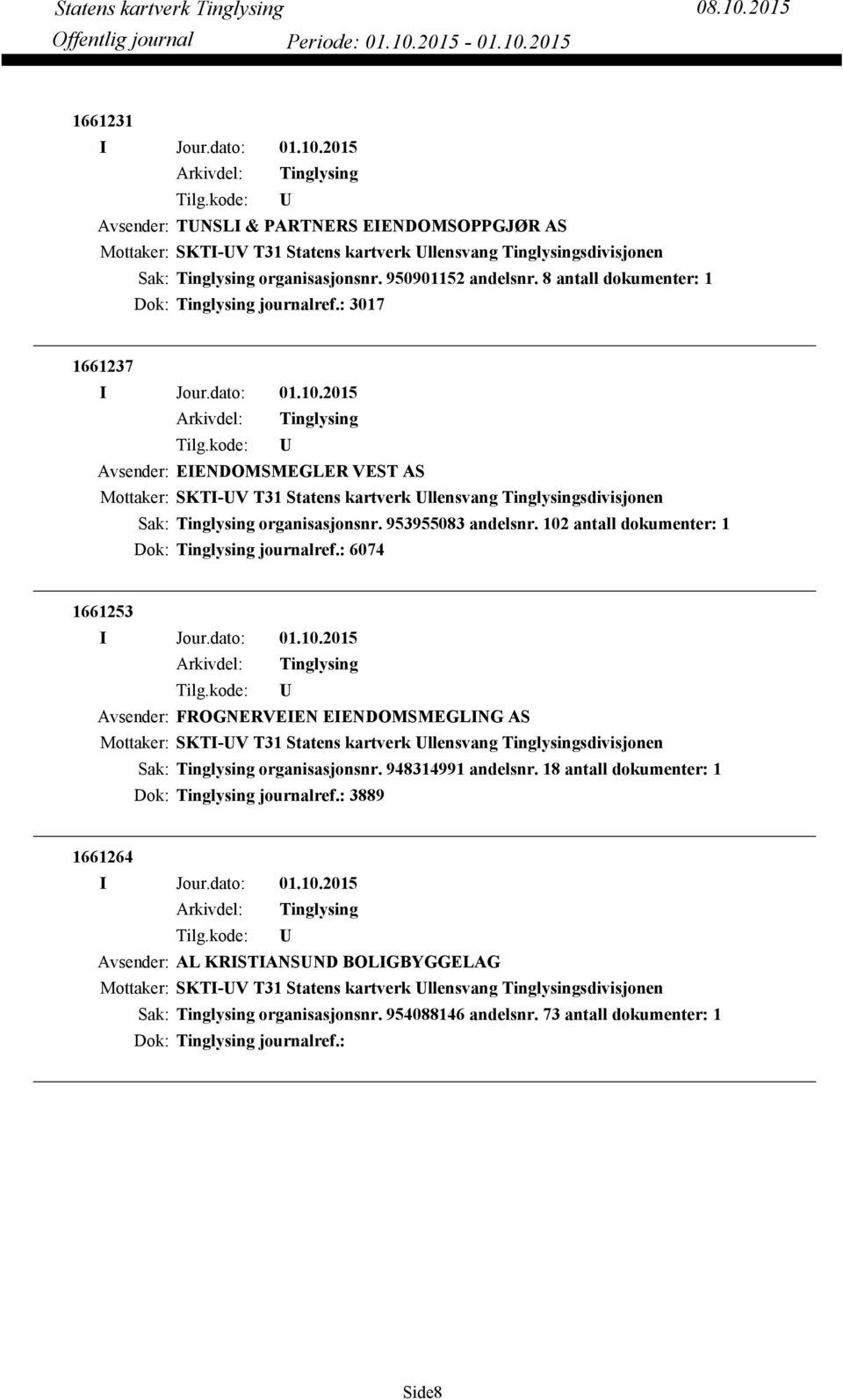 102 antall dokumenter: 1 Dok: journalref.: 6074 1661253 Avsender: FROGNERVEIEN EIENDOMSMEGLING AS Mottaker: SKTI-V T31 Statens kartverk llensvang sdivisjonen organisasjonsnr. 948314991 andelsnr.