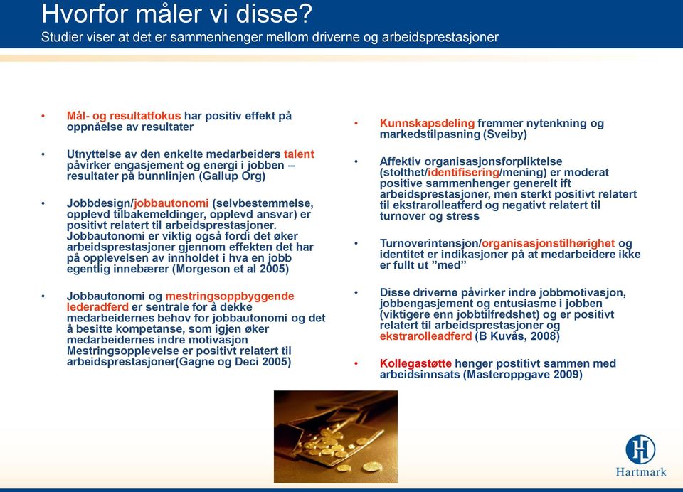 engasjement og energi i jobben resultater på bunnlinjen (Gallup Org) Jobbdesign/jobbautonomi (selvbestemmelse, opplevd tilbakemeldinger, opplevd ansvar) er positivt relatert til arbeidsprestasjoner.