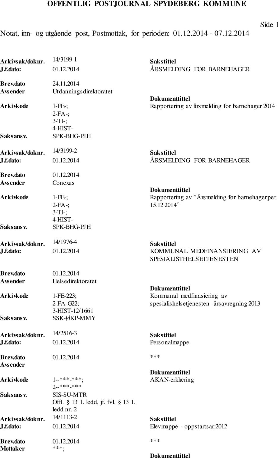 2014 ÅRSMELDING FOR BARNEHAGER Brev.dato 01.12.2014 Avsender Conexus 1-FE-; 2-FA-; 3-TI-; 4-HIST- SPK-BHG-PJH Rapportering av Årsmelding for barnehager per 15.12.2014 Arkivsak/doknr.