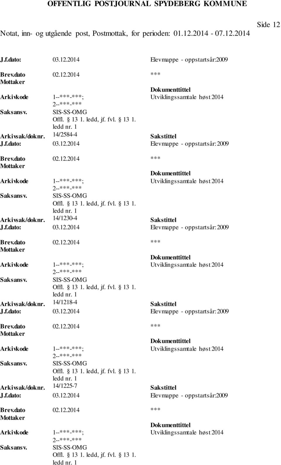 14/1218-4 Sakstittel J.f.dato: 03.12.2014 Elevmappe - oppstartsår: 2009 Arkivsak/doknr.