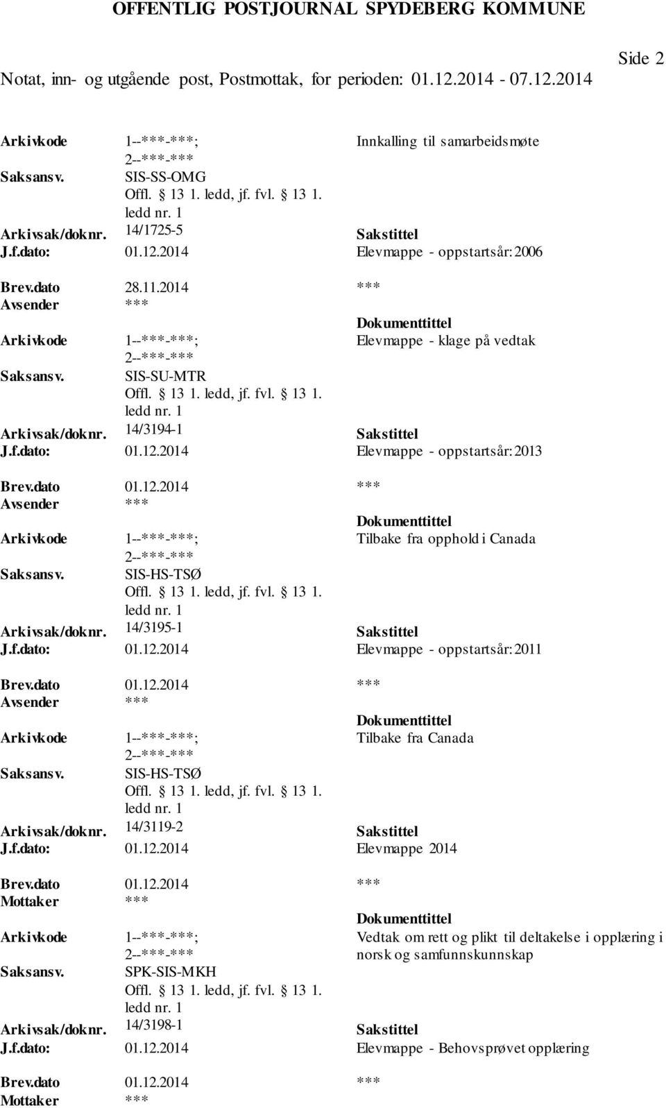 14/3195-1 Sakstittel J.f.dato: 01.12.2014 Elevmappe - oppstartsår: 2011 Brev.dato 01.12.2014 *** Tilbake fra Canada SIS-HS-TSØ Arkivsak/doknr. 14/3119-2 Sakstittel J.f.dato: 01.12.2014 Elevmappe 2014 Brev.