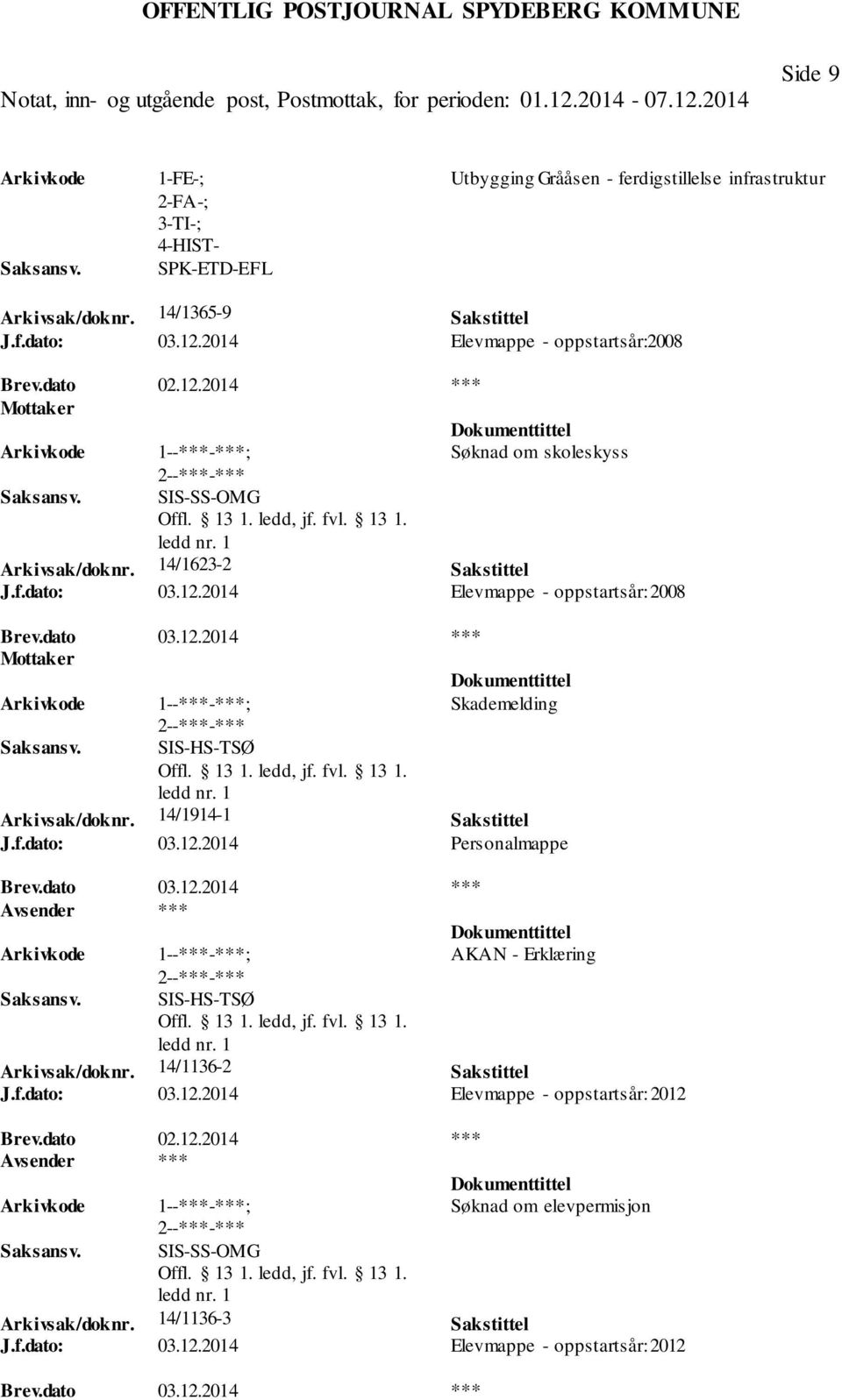 14/1914-1 Sakstittel J.f.dato: 03.12.2014 Personalmappe Brev.dato 03.12.2014 *** AKAN - Erklæring SIS-HS-TSØ Arkivsak/doknr. 14/1136-2 Sakstittel J.f.dato: 03.12.2014 Elevmappe - oppstartsår: 2012 Søknad om elevpermisjon Arkivsak/doknr.