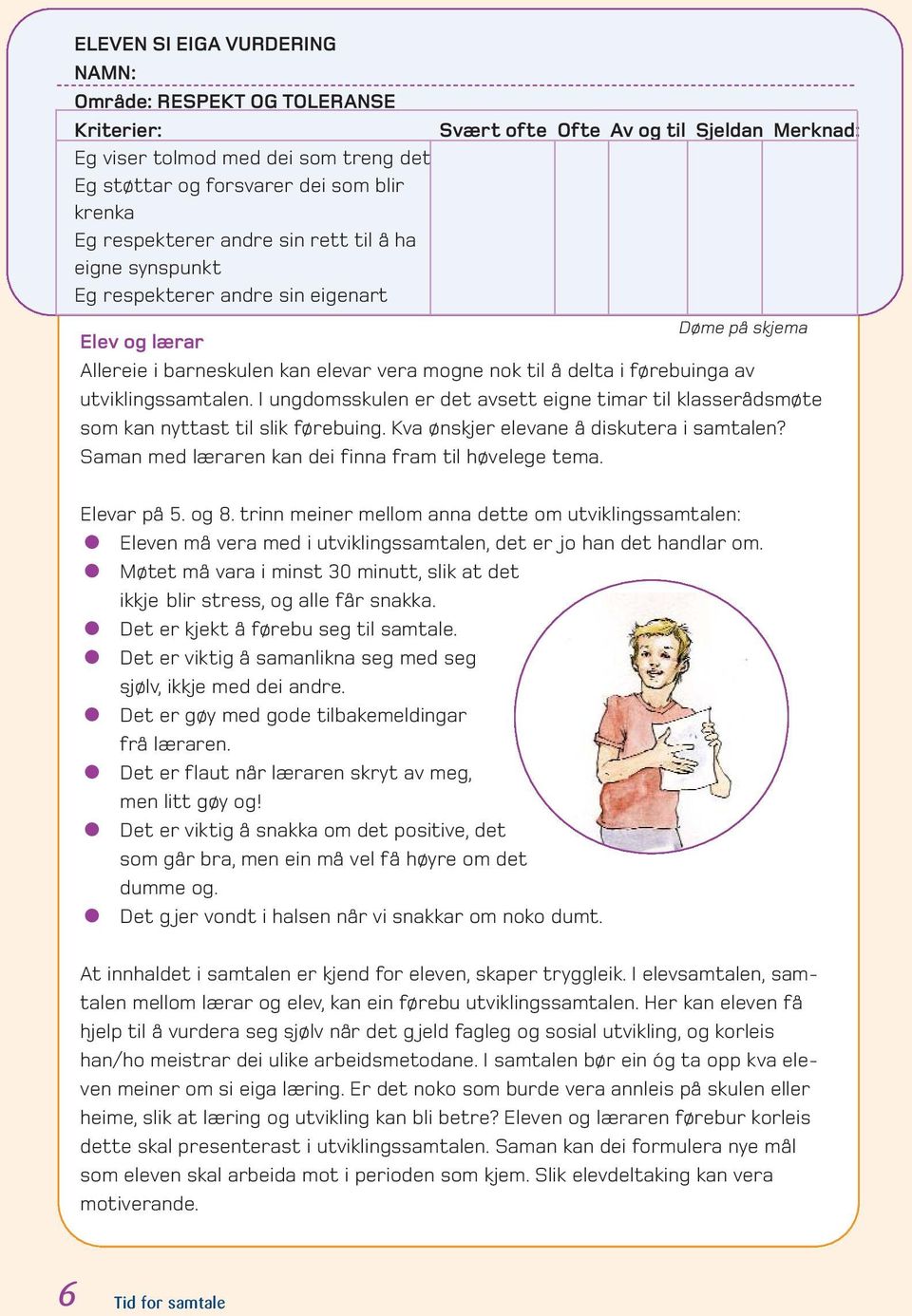 utviklingssamtalen. I ungdomsskulen er det avsett eigne timar til klasserådsmøte som kan nyttast til slik førebuing. Kva ønskjer elevane å diskutera i samtalen?