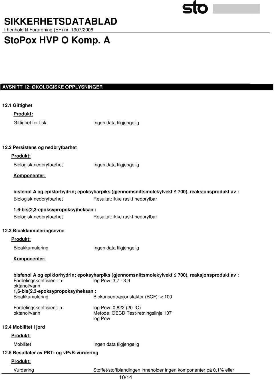 Resultat: ikke raskt nedbrytbar 1,6-bis(2,3-epoksypropoksy)heksan : Biologisk nedbrytbarhet Resultat: ikke raskt nedbrytbar 12.