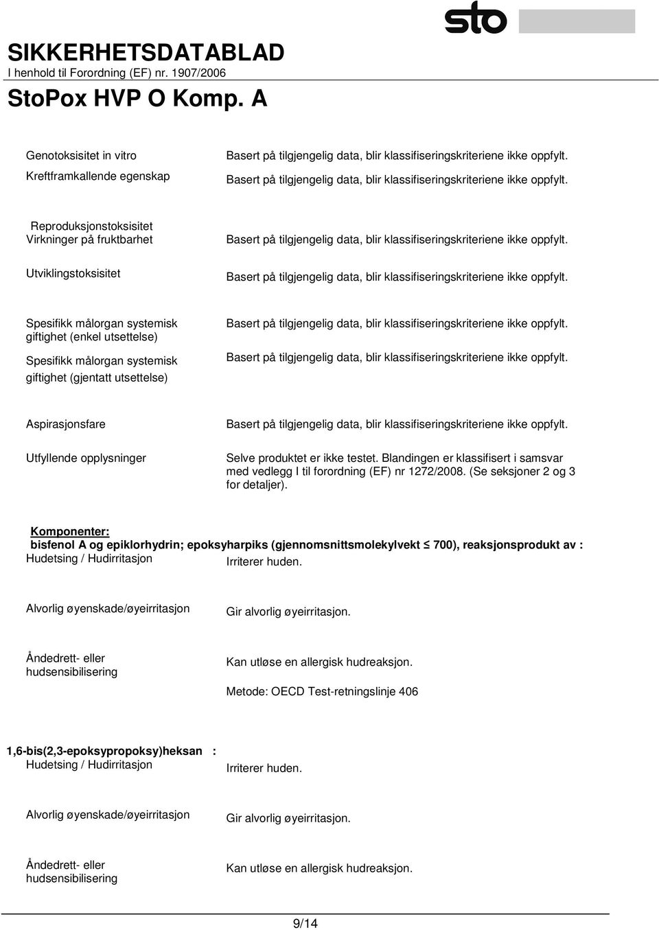 (Se seksjoner 2 og 3 for detaljer). Komponenter: bisfenol A og epiklorhydrin; epoksyharpiks (gjennomsnittsmolekylvekt 700), reaksjonsprodukt av : Hudetsing / Hudirritasjon Irriterer huden.