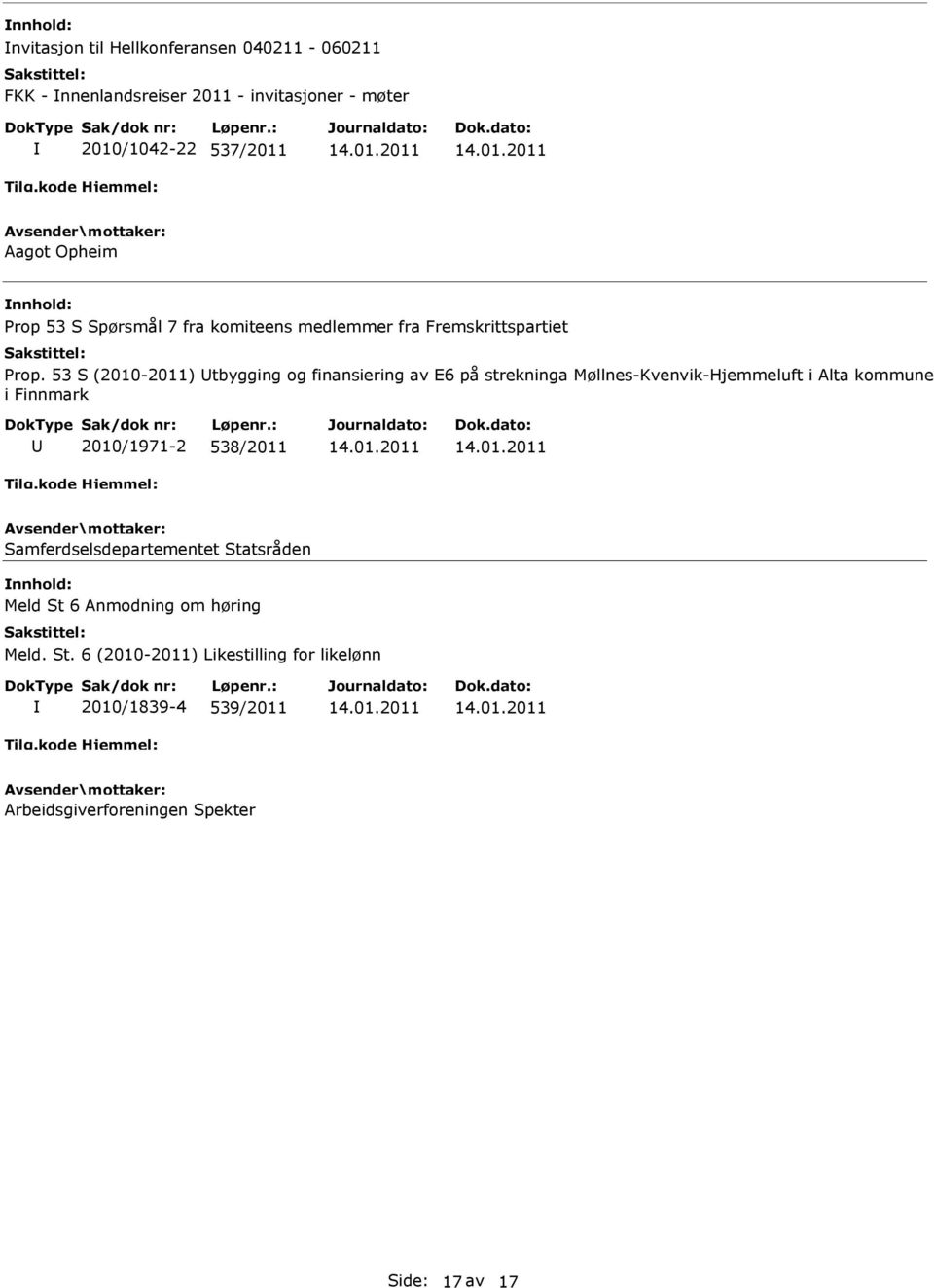 53 S (2010-2011) tbygging og finansiering av E6 på strekninga Møllnes-Kvenvik-Hjemmeluft i Alta kommune i Finnmark 2010/1971-2