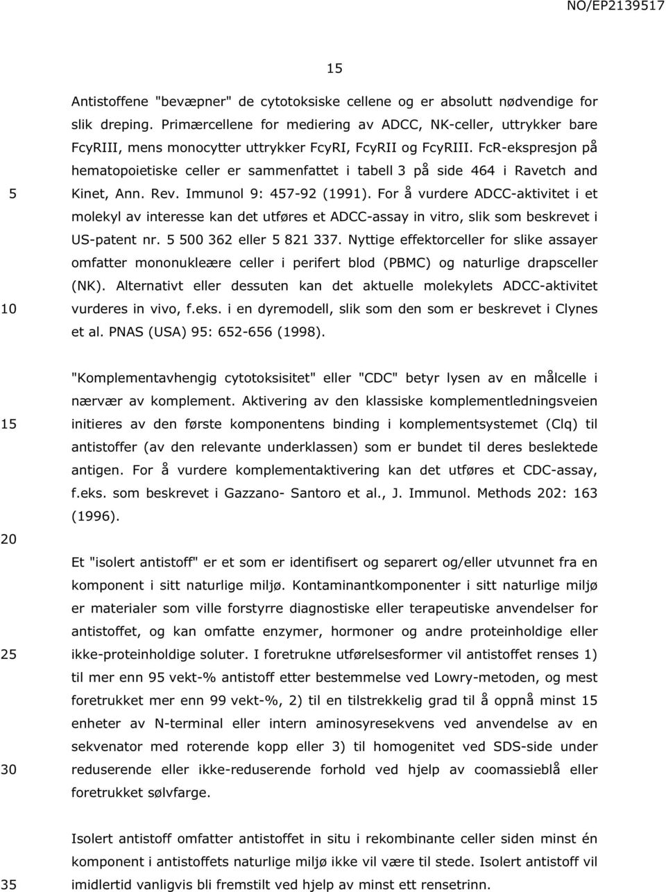 FcR-ekspresjon på hematopoietiske celler er sammenfattet i tabell 3 på side 464 i Ravetch and Kinet, Ann. Rev. Immunol 9: 47-92 (1991).