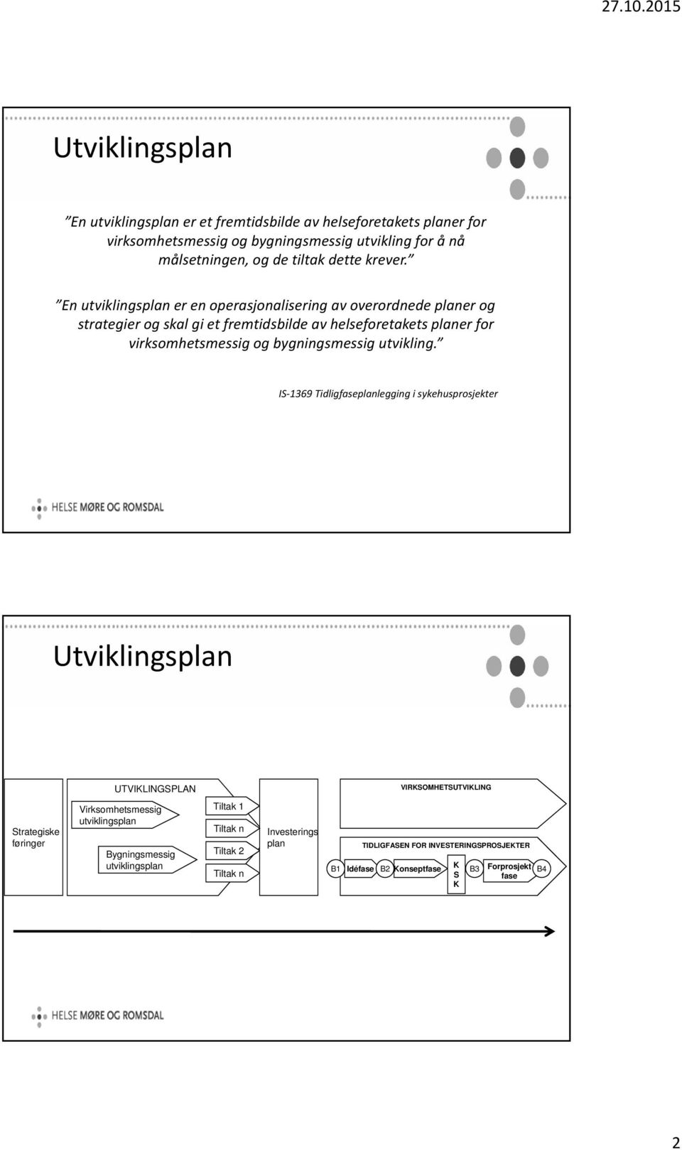 En utviklingsplan er en operasjonalisering av overordnede planer og strategier og skal gi et fremtidsbilde av helseforetakets planer for virksomhetsmessig og