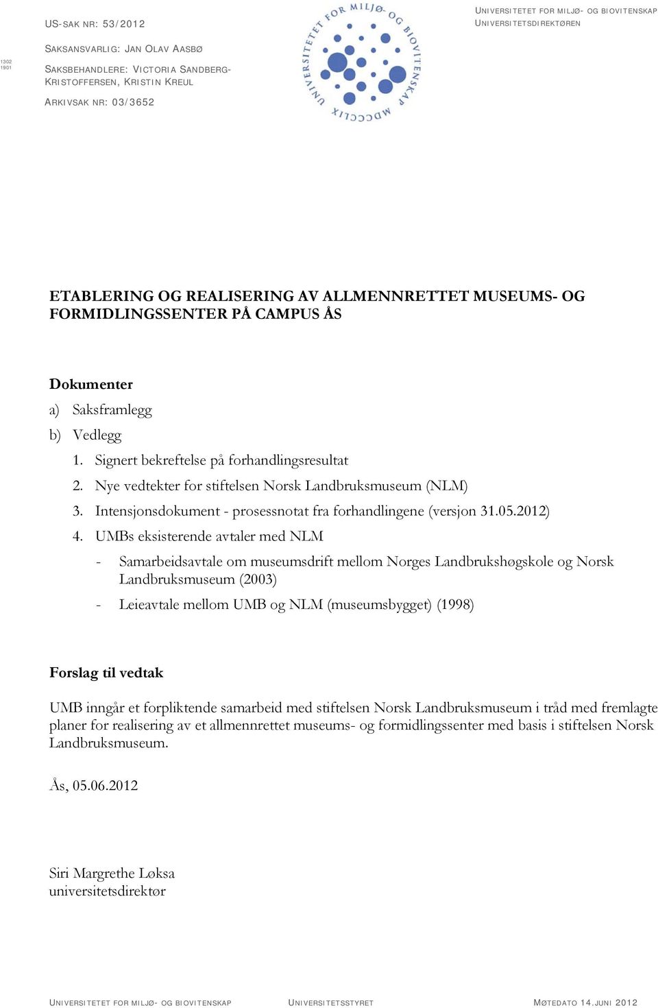 Nye vedtekter for stiftelsen Norsk Landbruksmuseum (NLM) 3. Intensjonsdokument - prosessnotat fra forhandlingene (versjon 31.05.2012) 4.