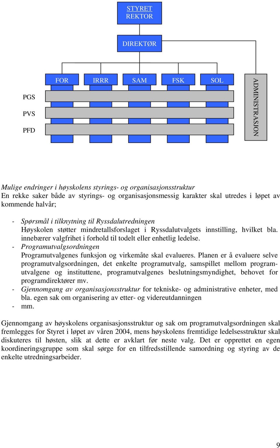 innebærer valgfrihet i forhold til todelt eller enhetlig ledelse. - Programutvalgsordningen Programutvalgenes funksjon og virkemåte skal evalueres.