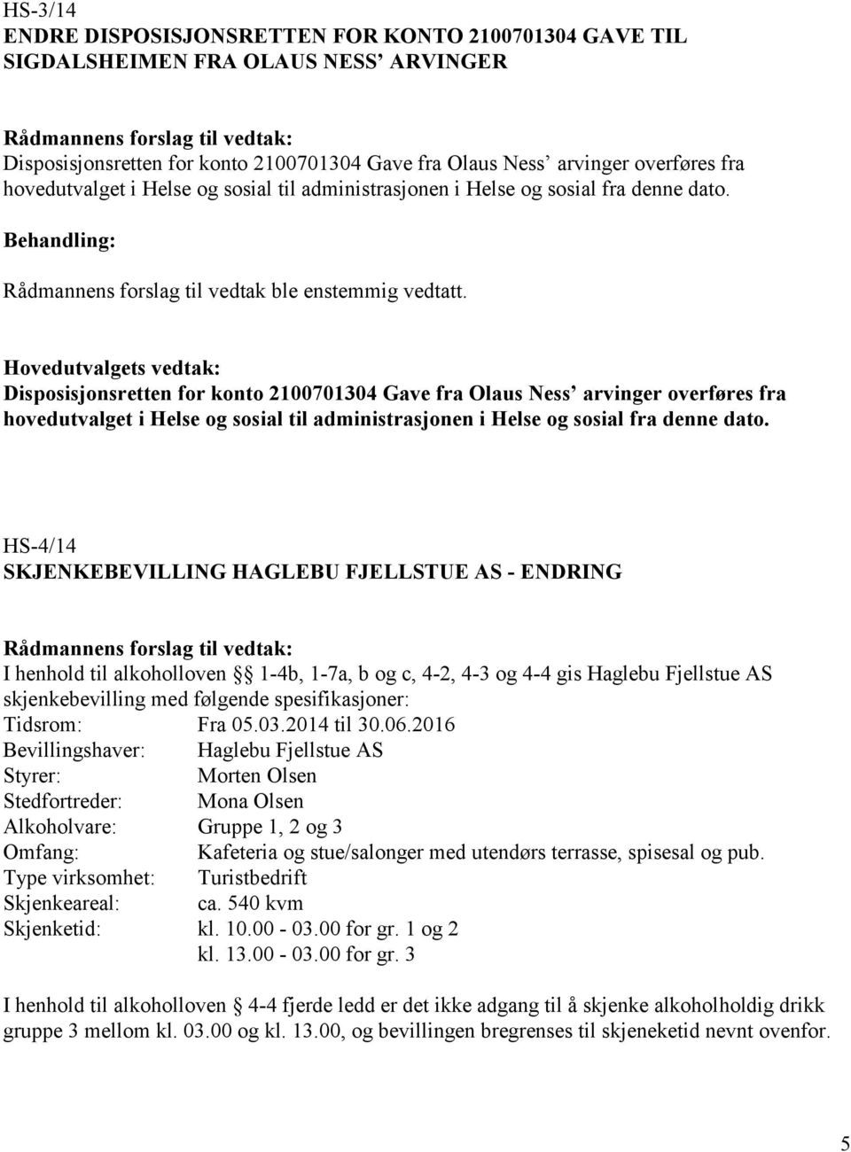 Disposisjonsretten for konto 2100701304 Gave fra Olaus Ness arvinger overføres fra hovedutvalget i  HS-4/14 SKJENKEBEVILLING HAGLEBU FJELLSTUE AS - ENDRING I henhold til alkoholloven 1-4b, 1-7a, b og