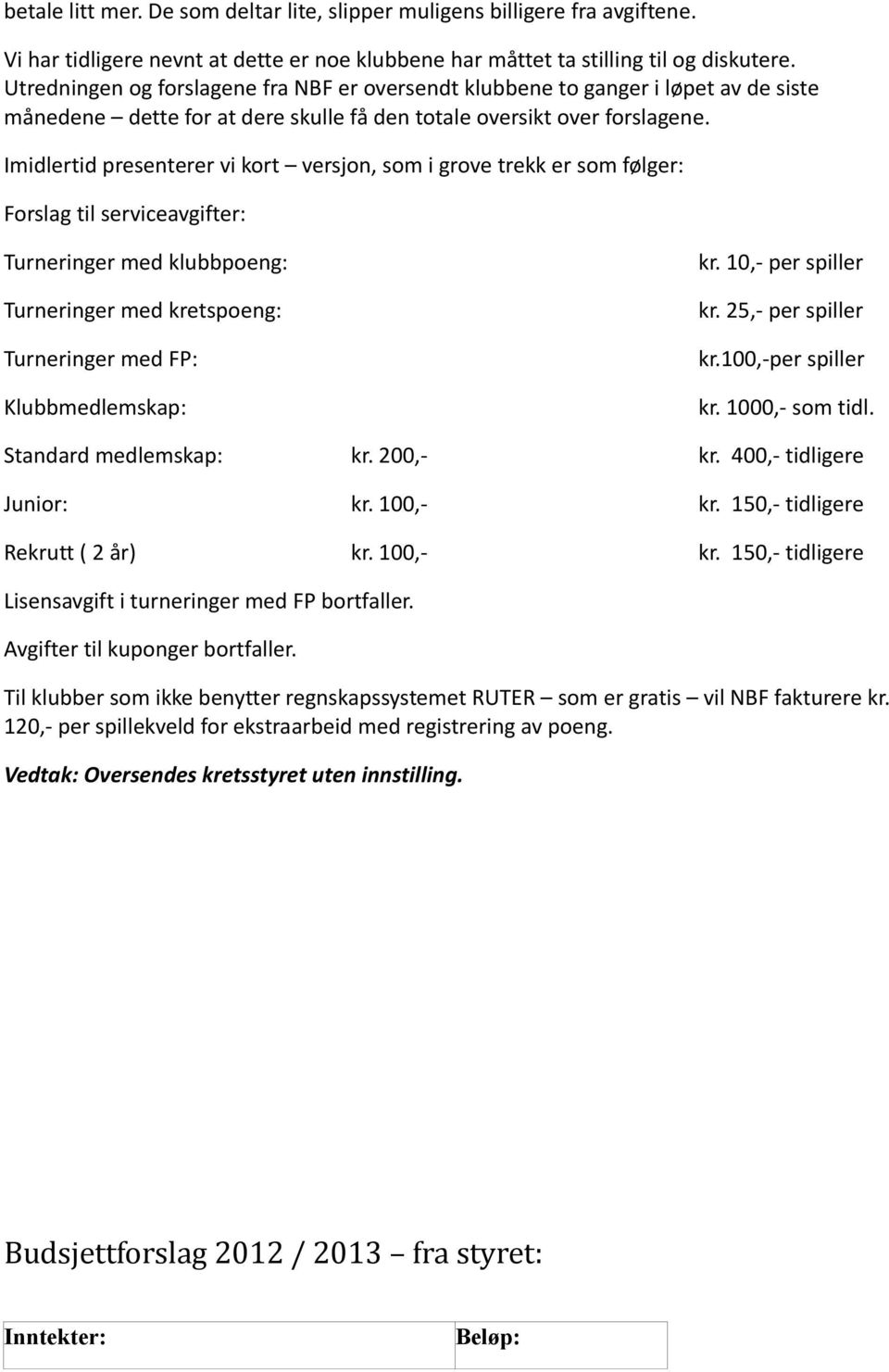 Imidlertid presenterer vi kort versjon, som i grove trekk er som følger: Forslag til serviceavgifter: Turneringer med klubbpoeng: Turneringer med kretspoeng: Turneringer med FP: Klubbmedlemskap: kr.