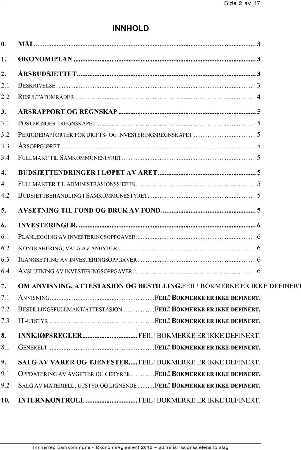 .. 5 4.2 BUDSJETTBEHANDLING I SAMKOMMUNESTYRET... 5 5. AVSETNING TIL FOND OG BRUK AV FOND.... 5 6. INVESTERINGER.... 6 6.1 PLANLEGGING AV INVESTERINGSOPPGAVER.... 6 6.2 KONTRAHERING, VALG AV ANBYDER.