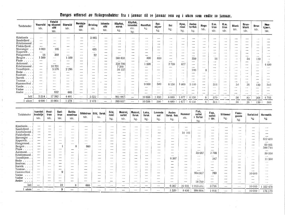 R.m. Blank Brun- Brun ~a- Tldsteder sild sild sild nrsk etc ku skjær rund htrfisk tran tran I blank 1 kjærr. I I I I kg: I ' I Kristiania.. Sandefjrd. Kristiansand. Flekkefjrd.. Stavanger.. Kpervik.