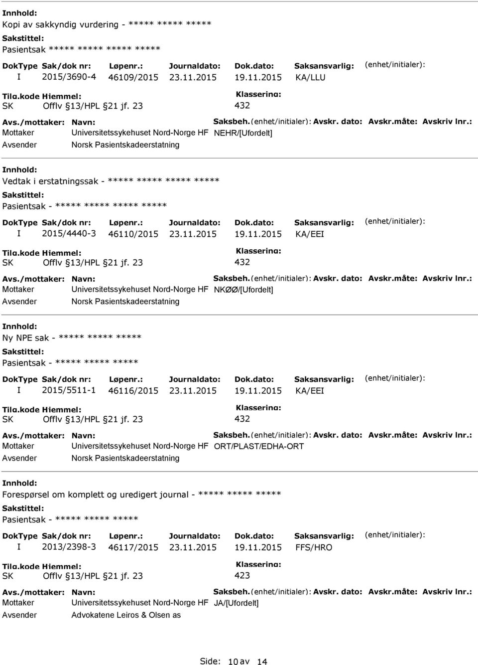 Pasientskadeerstatning nnhold: Ny NPE sak - ***** ***** ***** 2015/5511-1 46116/2015 KA/EE 432 Mottaker niversitetssykehuset Nord-Norge HF ORT/PLAST/EDHA-ORT Norsk Pasientskadeerstatning