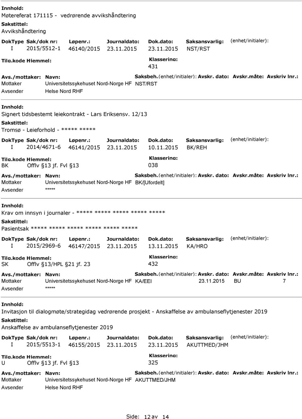 Fvl 13 038 Mottaker niversitetssykehuset Nord-Norge HF BK/[fordelt] ***** nnhold: Krav om innsyn i journaler - ***** ***** ***** ***** ***** Pasientsak ***** ***** ***** ***** ***** ***** 2015/2969-6