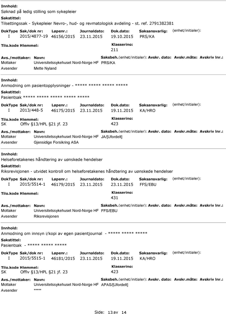 46175/2015 Mottaker niversitetssykehuset Nord-Norge HF JA/[fordelt] Gjensidige Forsikring ASA nnhold: Helseforetakenes håndtering av uønskede hendelser Riksrevisjonen - utvidet kontroll om