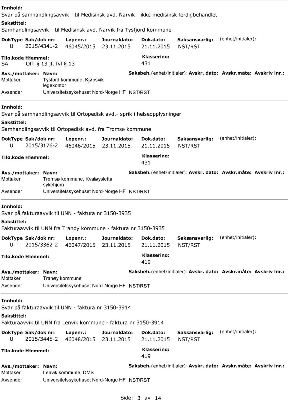 - sprik i helseopplysninger Samhandlingsavvik til Ortopedisk avd. fra Tromsø kommune 2015/3176-2 46046/2015 21.11.