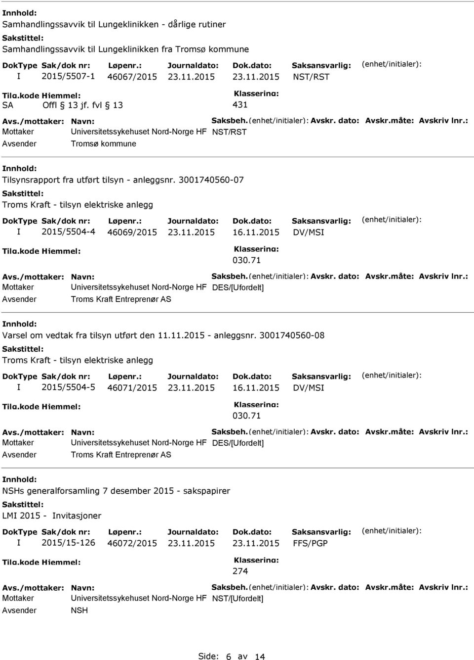 3001740560-07 2015/5504-4 46069/2015 DV/MS Mottaker niversitetssykehuset Nord-Norge HF DES/[fordelt] nnhold: Varsel om vedtak fra tilsyn utført den 11.11.2015 - anleggsnr.