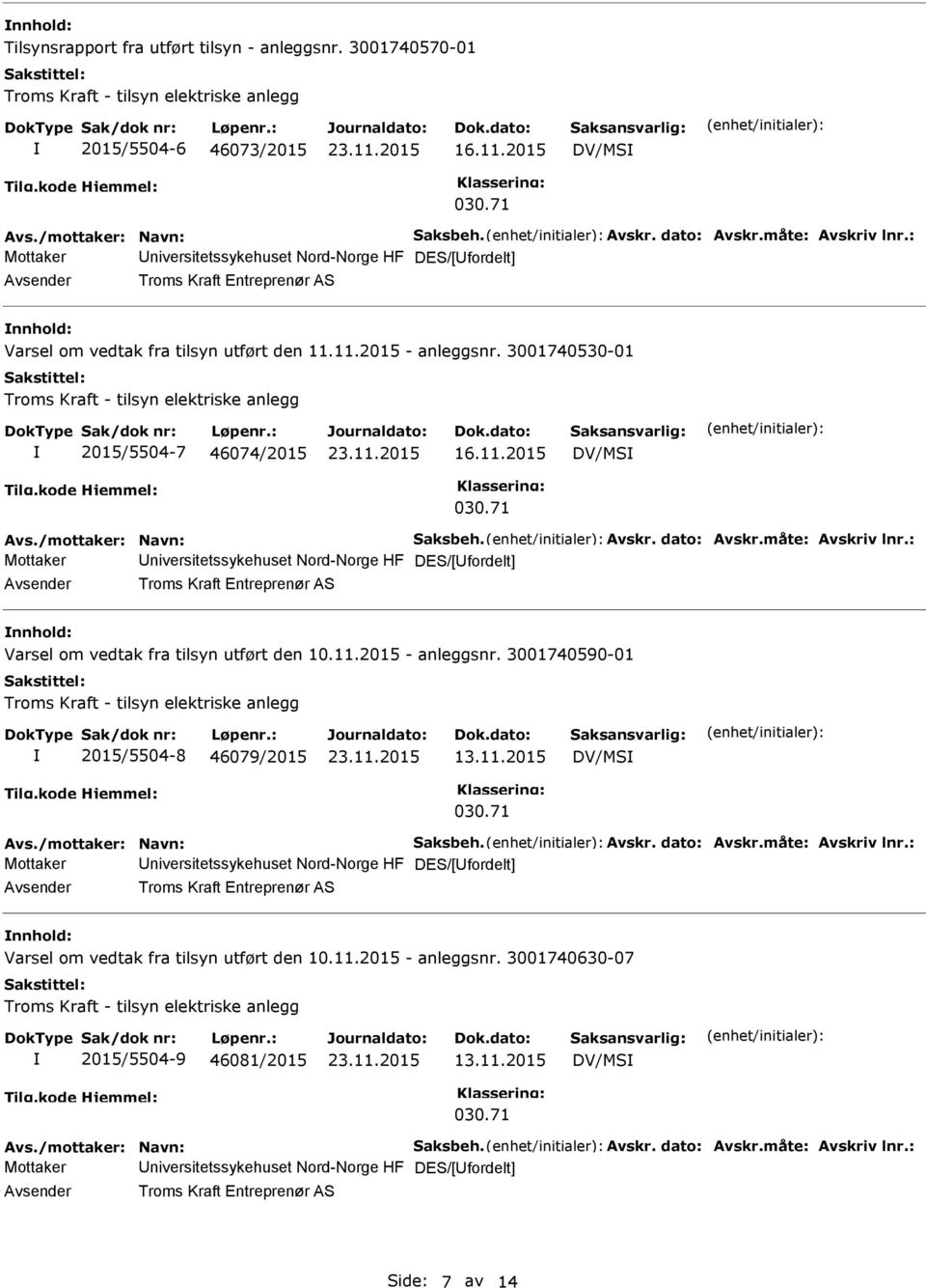 3001740530-01 2015/5504-7 46074/2015 DV/MS Mottaker niversitetssykehuset Nord-Norge HF DES/[fordelt] nnhold: Varsel om vedtak fra tilsyn utført den 10.11.2015 - anleggsnr.