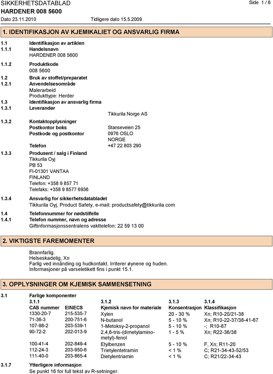 3.4 Ansvarlig for sikkerhetsdatabladet Tikkurila Oyj, Product Safety, e-mail: productsafety@tikkurila.com 1.4 Telefonnummer for nødstilfelle 1.4.1 Telefon nummer, navn og adresse Giftinformasjonssentralens vakttelefon: 22 59 13 00 2.