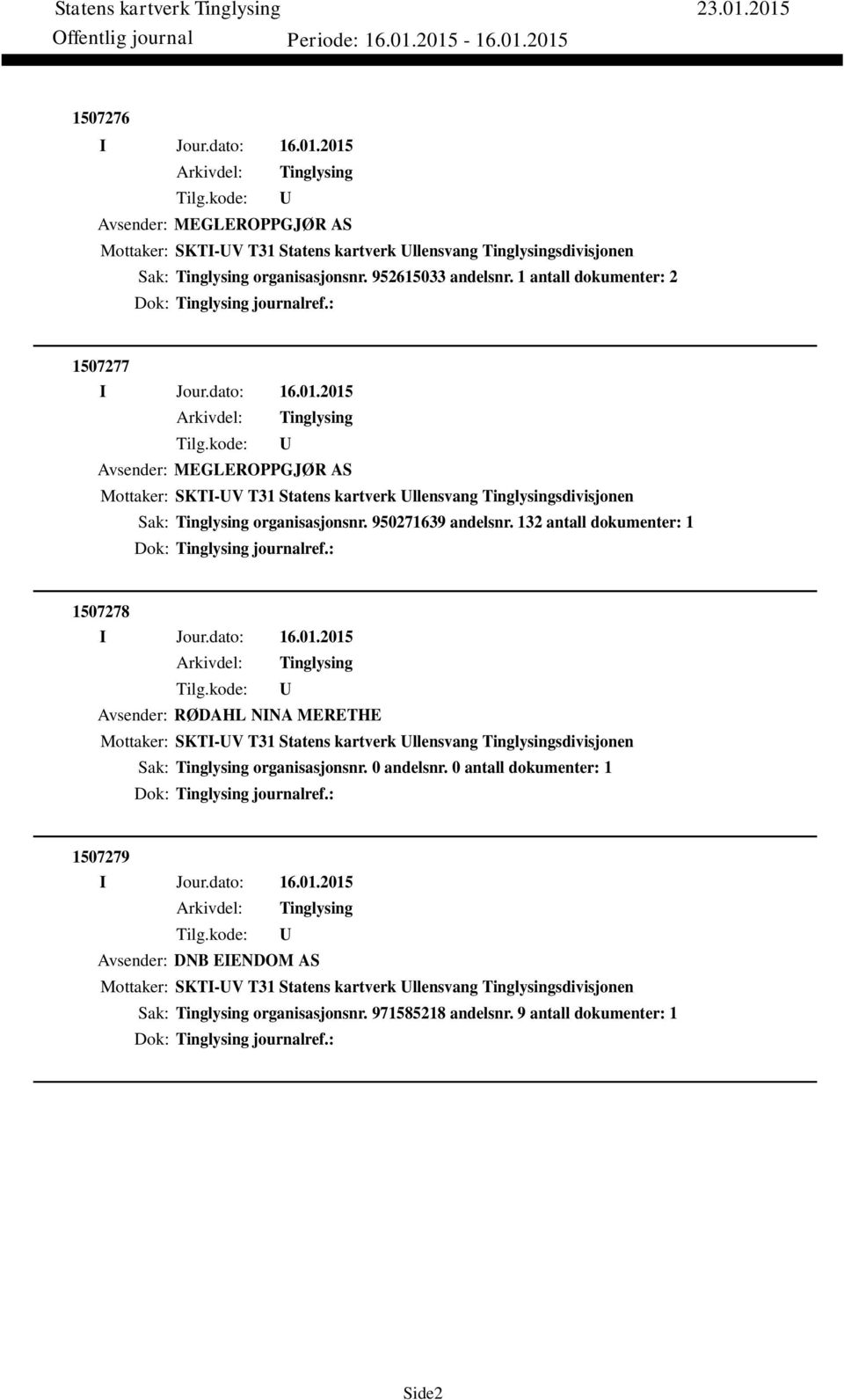 132 antall dokumenter: 1 Dok: journalref.: 1507278 Avsender: RØDAHL NINA MERETHE Mottaker: SKTI-V T31 Statens kartverk llensvang sdivisjonen Sak: organisasjonsnr. 0 andelsnr.