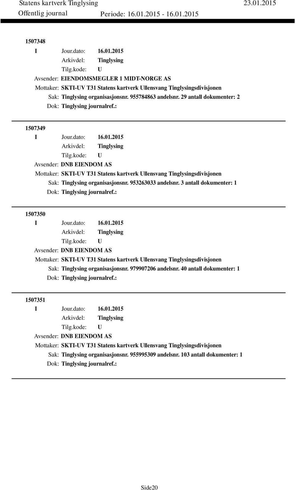 3 antall dokumenter: 1 Dok: journalref.: 1507350 Avsender: DNB EIENDOM AS Mottaker: SKTI-V T31 Statens kartverk llensvang sdivisjonen Sak: organisasjonsnr. 979907206 andelsnr.