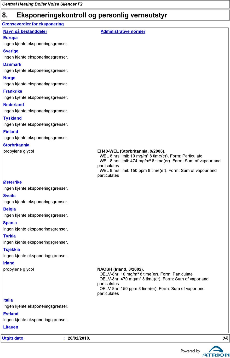 Form Sum of vapour and WEL 8 hrs limit 150 ppm 8 time(er). Form Sum of vapour and Østerrike Sveits Belgia Spania Tyrkia Tsjekkia Irland propylene glycol NAOSH (Irland, 3/2002).