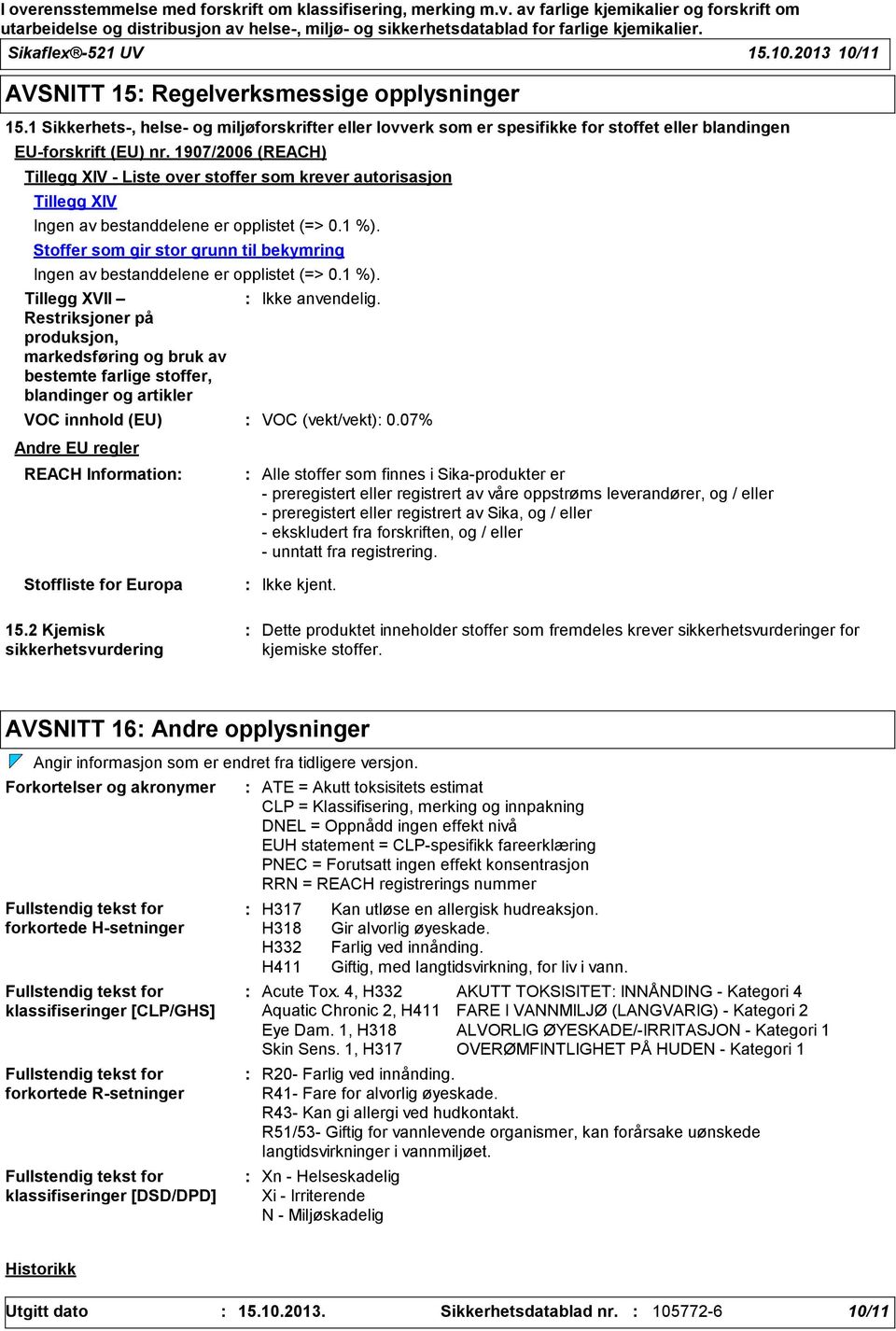 Stoffer som gir stor grunn til bekymring Ingen av bestanddelene er opplistet (=> 0.1 %).