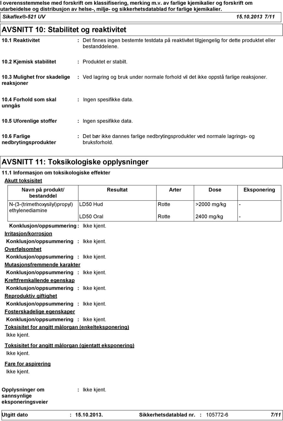 10.6 Farlige nedbrytingsprodukter Det bør ikke dannes farlige nedbrytingsprodukter ved normale lagrings og bruksforhold. AVSNITT 11 Toksikologiske opplysninger 11.