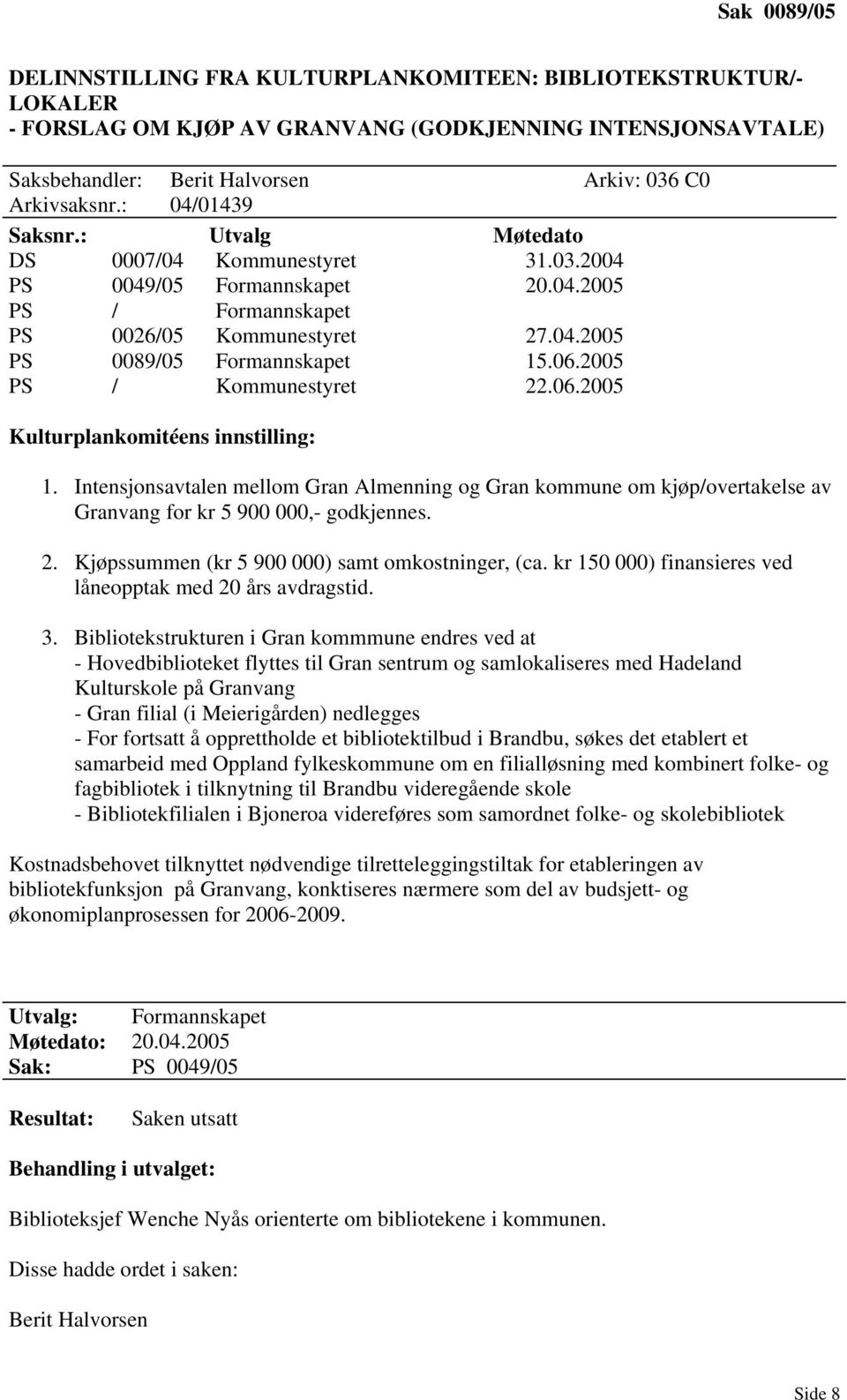 2005 PS / Kommunestyret 22.06.2005 Kulturplankomitéens innstilling: 1. Intensjonsavtalen mellom Gran Almenning og Gran kommune om kjøp/overtakelse av Granvang for kr 5 900 000,- godkjennes. 2. Kjøpssummen (kr 5 900 000) samt omkostninger, (ca.