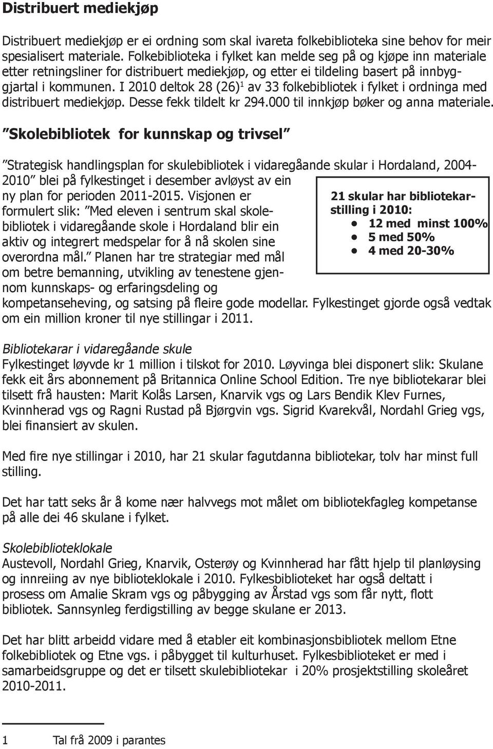 I 2010 deltok 28 (26) 1 av 33 folkebibliotek i fylket i ordninga med distribuert mediekjøp. Desse fekk tildelt kr 294.000 til innkjøp bøker og anna materiale.