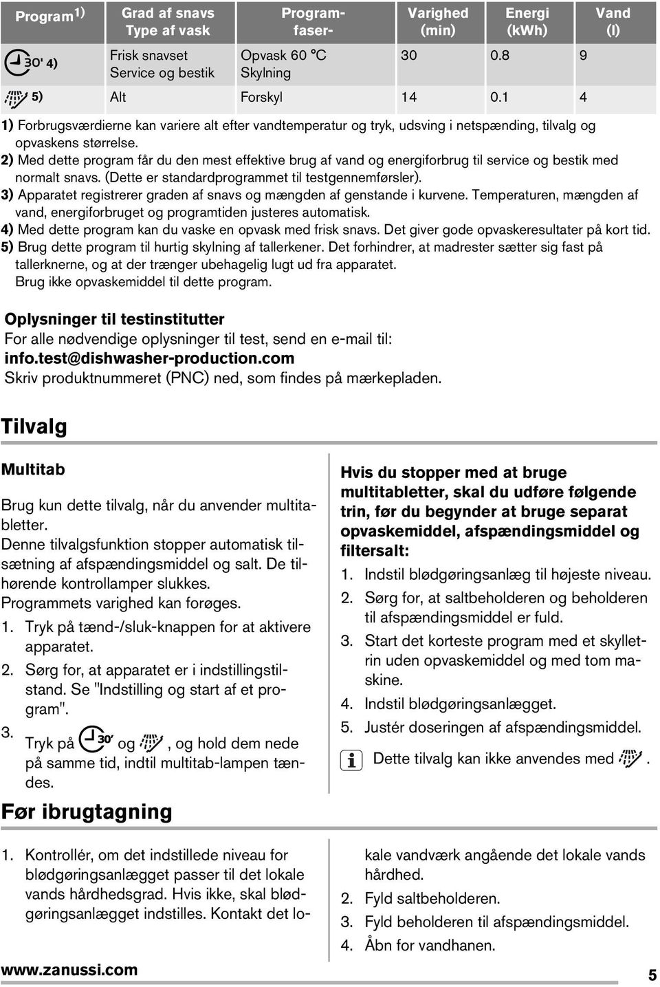 ) Med dette program får du den mest effektive brug af vand og energiforbrug til service og bestik med normalt snavs. (Dette er standardprogrammet til testgennemførsler).